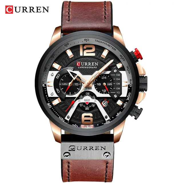 Military Leather Chronograph Wristwatch Rose Black Watch