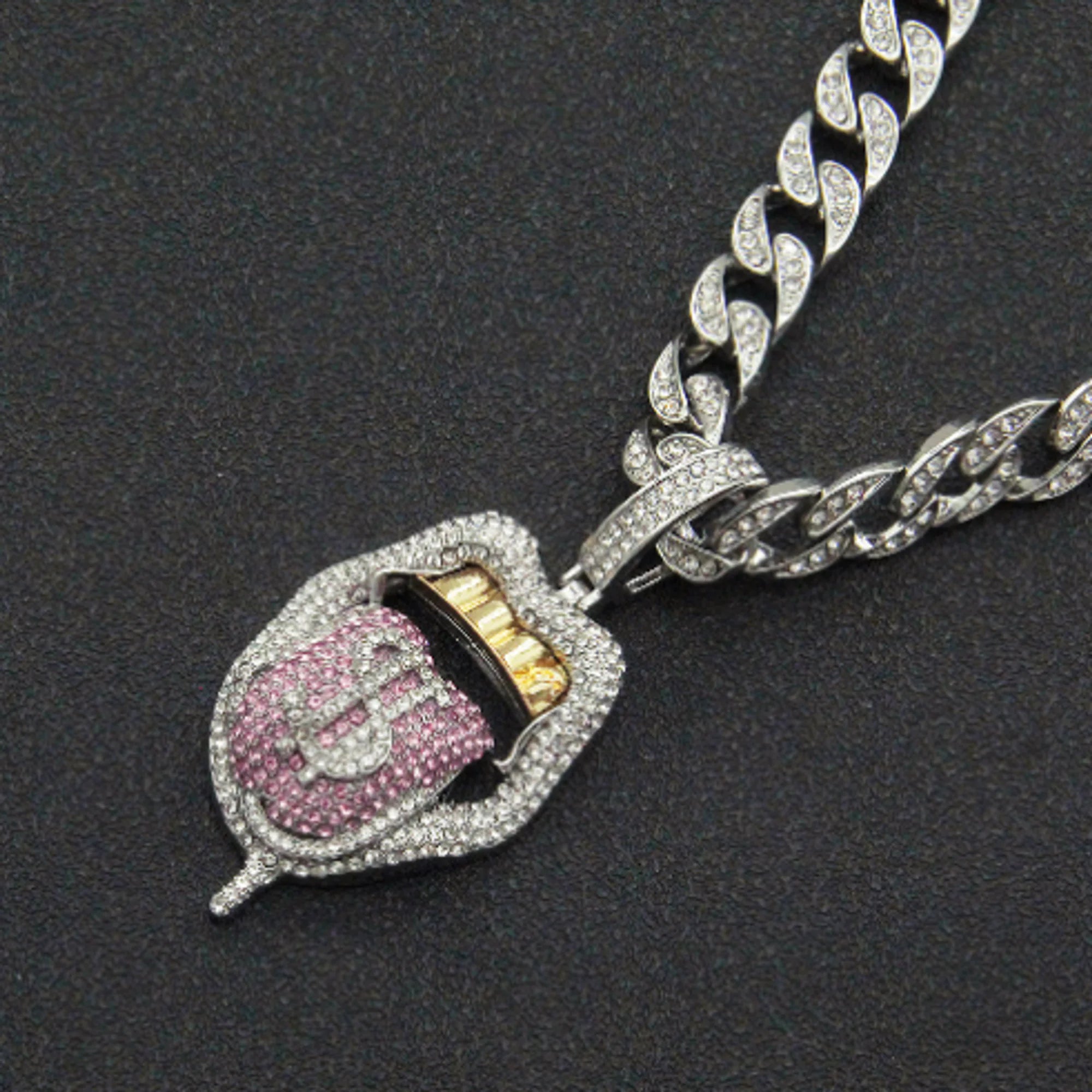 Dollar Tongue Shape Pendant with Pink Crystal Cuban Chain Style 2 50cm
