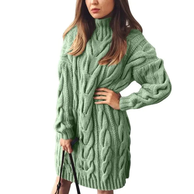 Turtleneck Twist Knitted Sweater Dress Green S