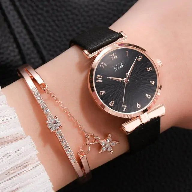 Luxury Magnetic Quartz Bracelet Watches Leather Black Set