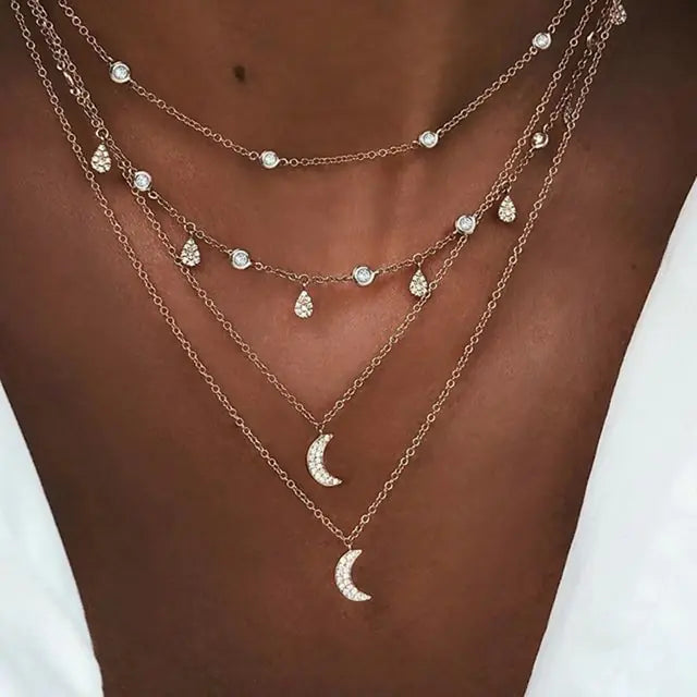 Vintage Crystal Pendant Necklace Silver Moon A