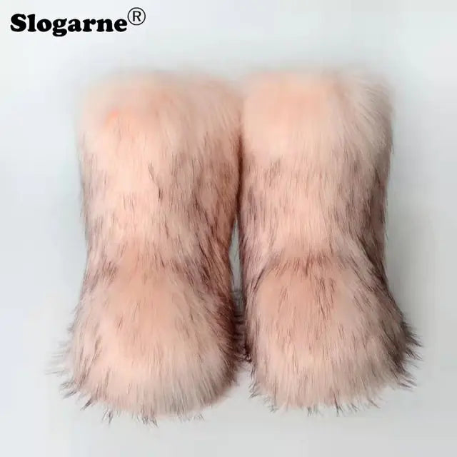 Fluffy Fox Fur Boots Apricot 37