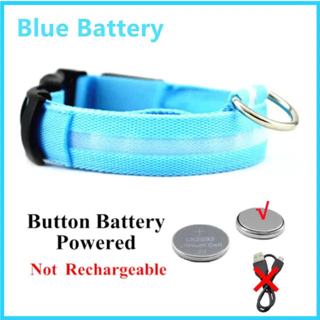 LED Glowing Adjustable Dog Collar Blue Button Battery M Neck 37-46 CM