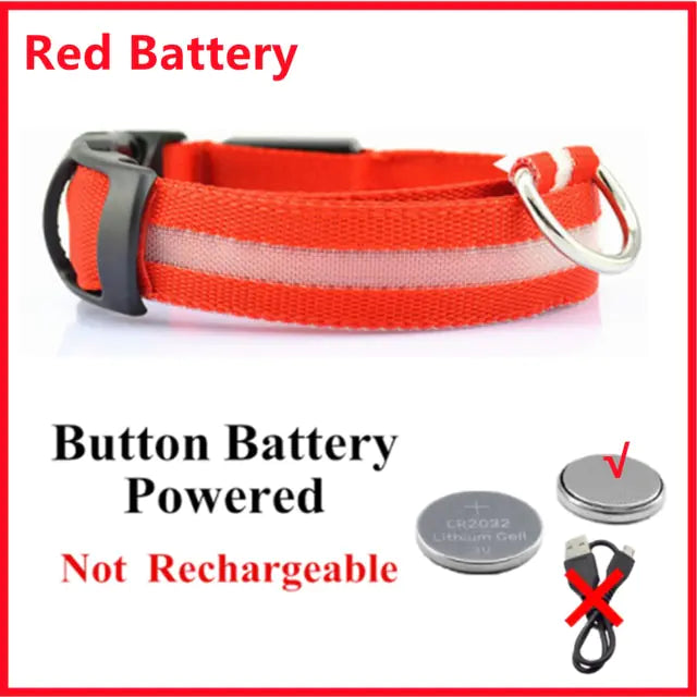 LED Glowing Adjustable Dog Collar Red Button Battery S Neck 34-41 CM
