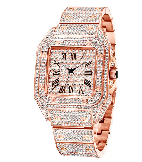 MISSFOX Ice Out Square Watch For Men V324 Rose Gold