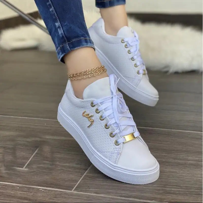 Women Flat Sneakers Breathable Lace-up Shoes For Girls White Size36