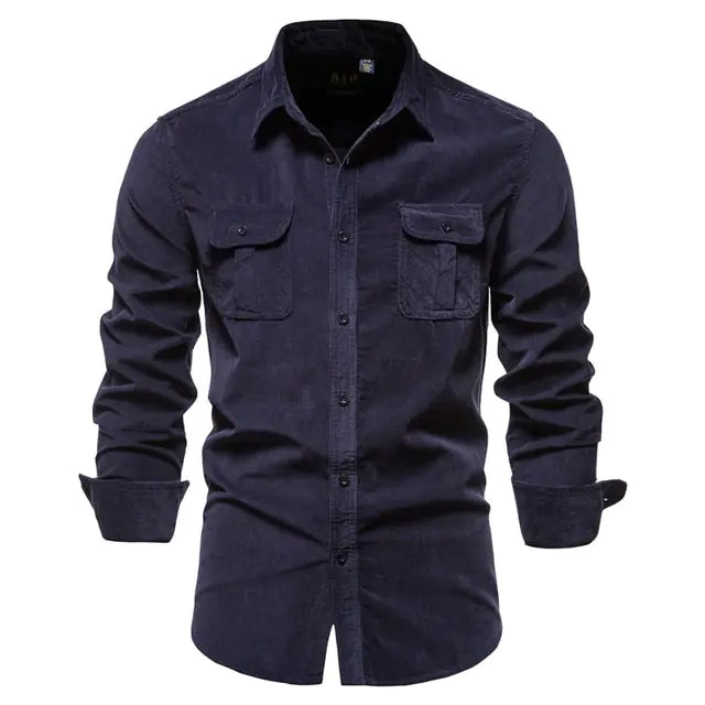 Men's Business Casual Corduroy Shirt Navy Blue L 65-72kg