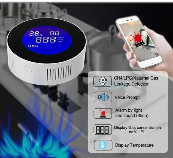 Wi-Fi Smart Natural Gas Detector - Digital LCD Temperature Display Gas Sensor for Home Kitchen White