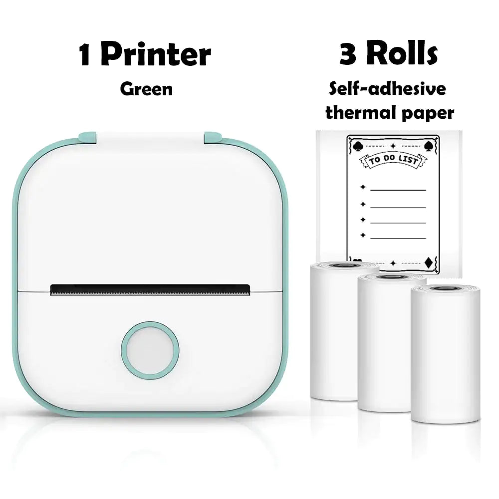 Mini Inkless Pocket Printer Green + 3 ROLLS PRINTING PAPER