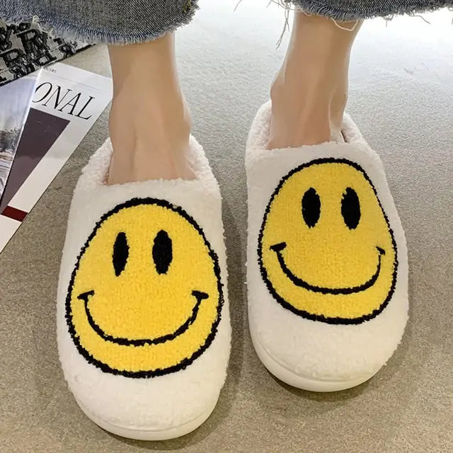 Cute Smile Pattern Fluffy Slippers White 38-39(fit 37-38)