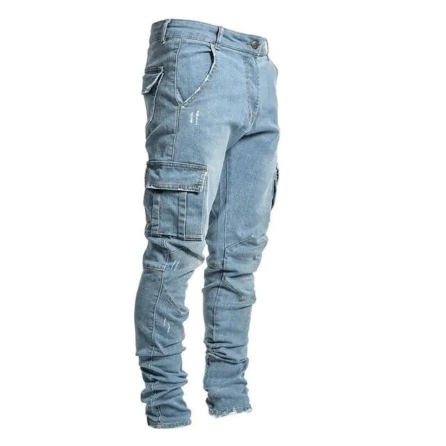 Men's Multi Pocket Cargo Jeans Sky Blue XXXL