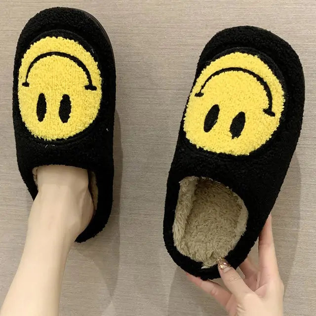 Cute Smile Pattern Fluffy Slippers Black 36-37(fit 35-36)