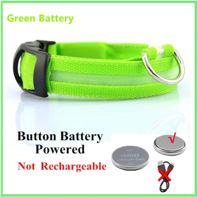 LED Glowing Adjustable Dog Collar Green Button Battery L Neck 41-52 CM