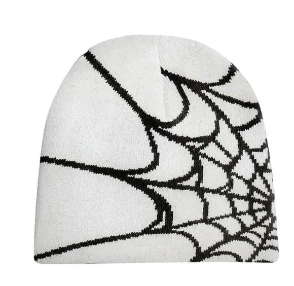 Gothic Spider Pattern Knitted Beanie White One Size