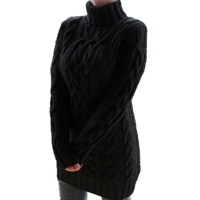Turtleneck Twist Knitted Sweater Dress Black M