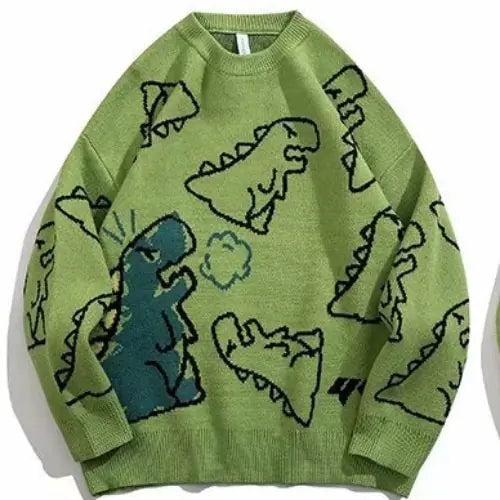 Oversized Knitted Streetwear Hip Hop Green Round Neck L