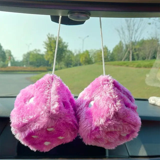 Fuzzy Plush Dice Car Accessory Pink