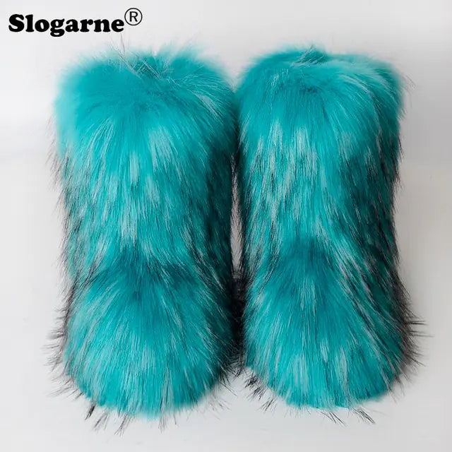 Fluffy Fox Fur Boots Green 44