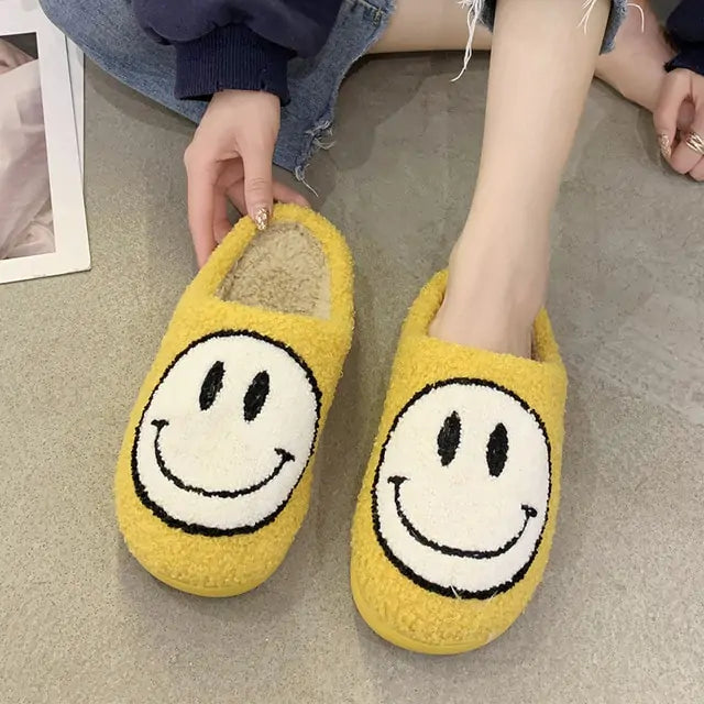 Cute Smile Pattern Fluffy Slippers Yellow 36-37(fit 35-36)