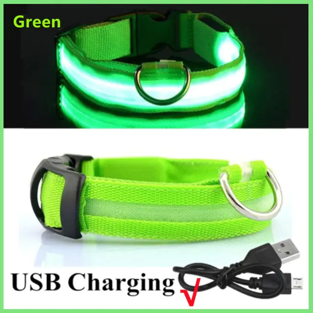 LED Glowing Adjustable Dog Collar Green USB Charging S Neck 34-41 CM