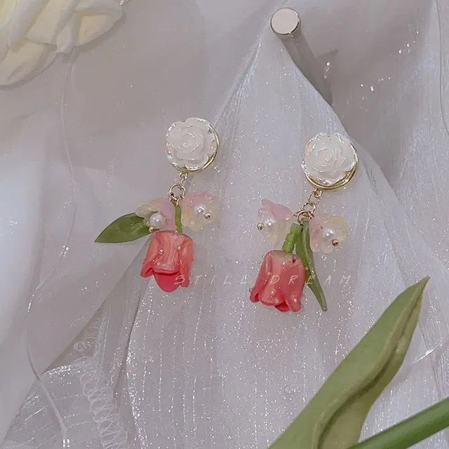 Pink Tulip Flower Earrings Pink 16