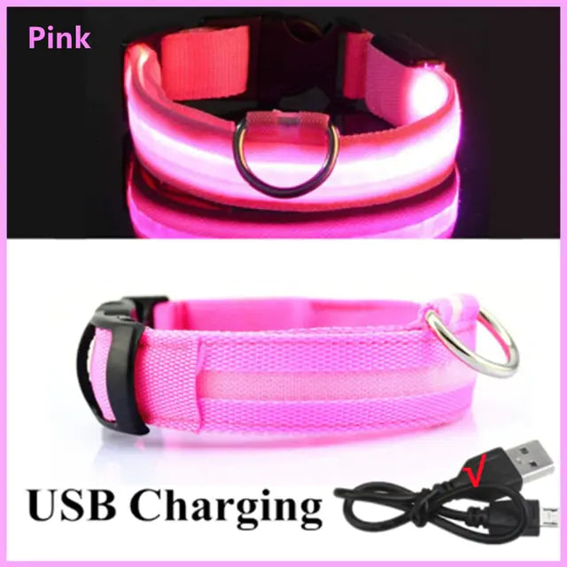 LED Glowing Adjustable Dog Collar Pink USB Charging S Neck 34-41 CM