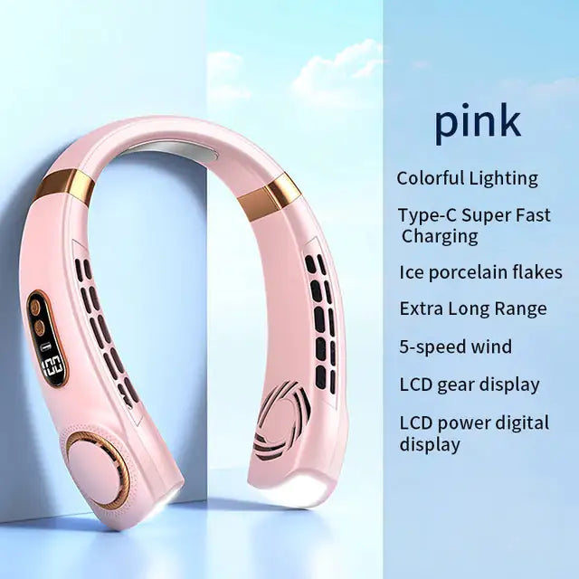 Neck Fan with LED Lights and Type-C Fast Charging Pink