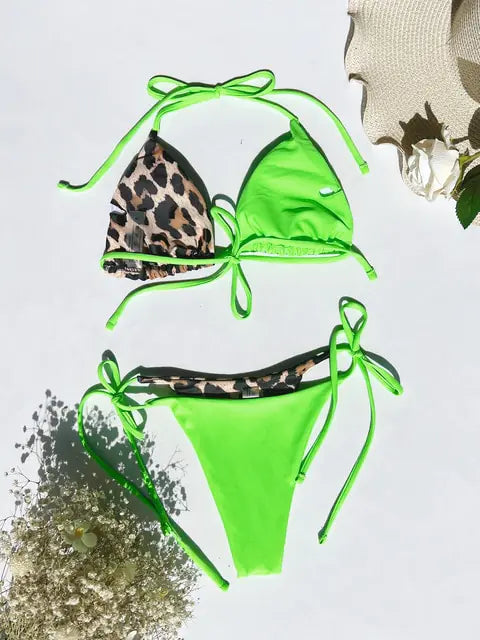 Ellolace Leopard 2 Piece Bikini Set Neon Green M