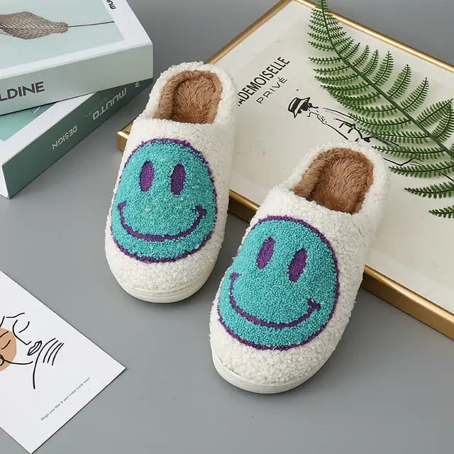 Cute Smile Pattern Fluffy Slippers Light Green 38-39(fit 37-38)