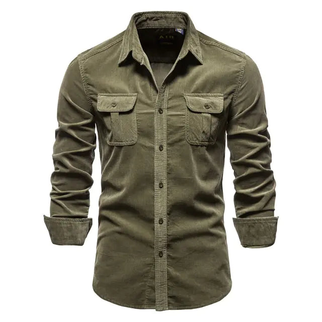 Men's Business Casual Corduroy Shirt Army Green XXXL 88-95kg