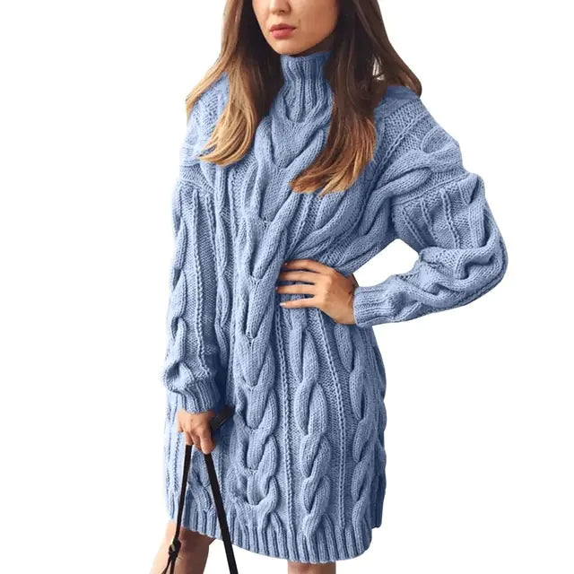 Turtleneck Twist Knitted Sweater Dress Blue L