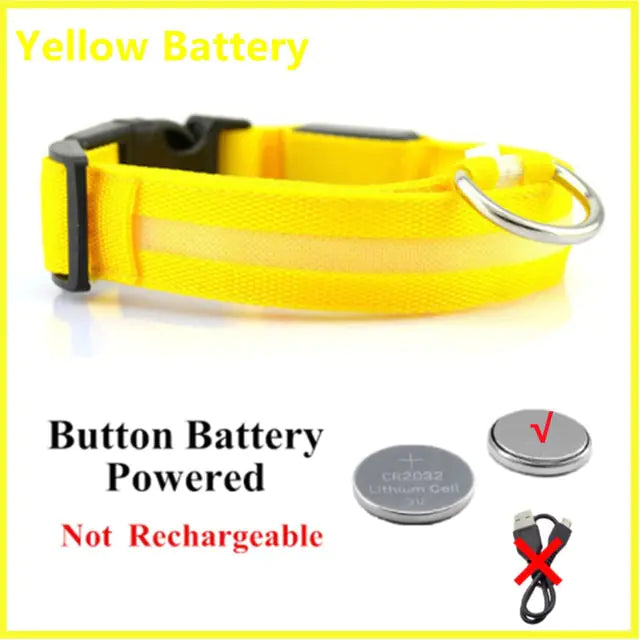 LED Glowing Adjustable Dog Collar Yellow ButtonBattery M Neck 37-46 CM