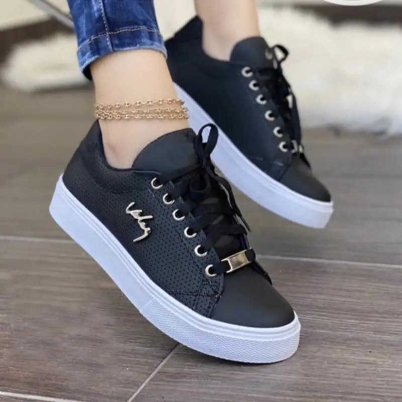 Women Flat Sneakers Breathable Lace-up Shoes For Girls Black Size42