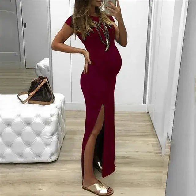 Long Dress Pregnancy Clothes Wine Red XL