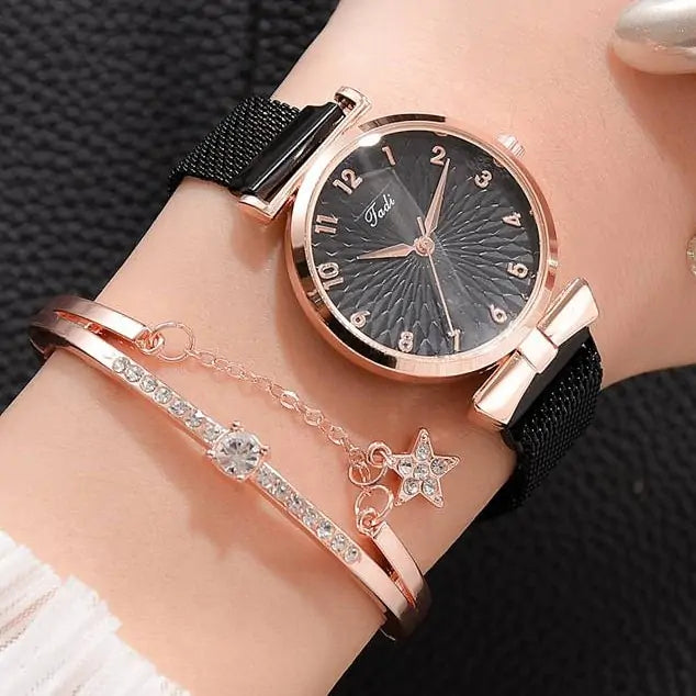 Luxury Magnetic Quartz Bracelet Watches Magnet Black Set