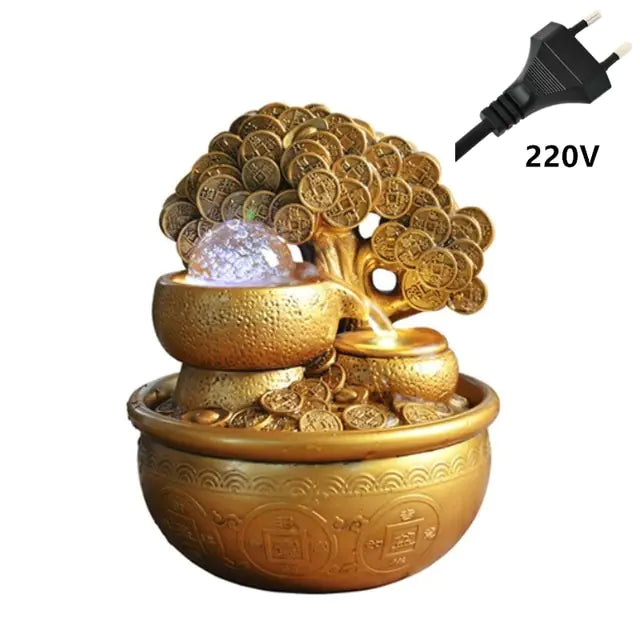 Gold Money Tree Water Fountain Gold 220V European standard converter