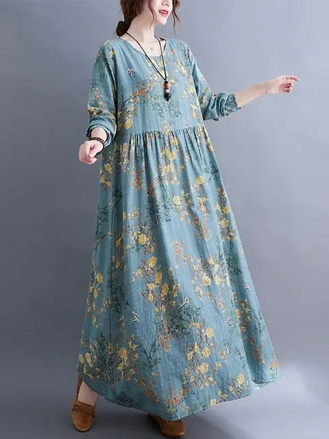 Floral Print Long Sleeve Dresses Blue XXL