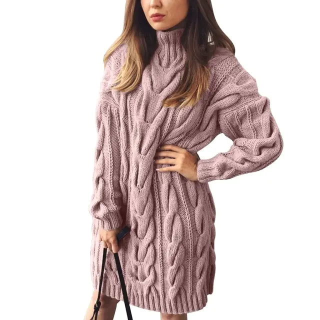 Turtleneck Twist Knitted Sweater Dress Pink XL