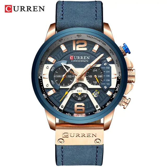 Military Leather Chronograph Wristwatch Rose Blue Watch