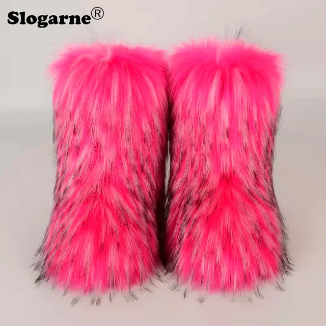 Fluffy Fox Fur Boots Rose Red 35