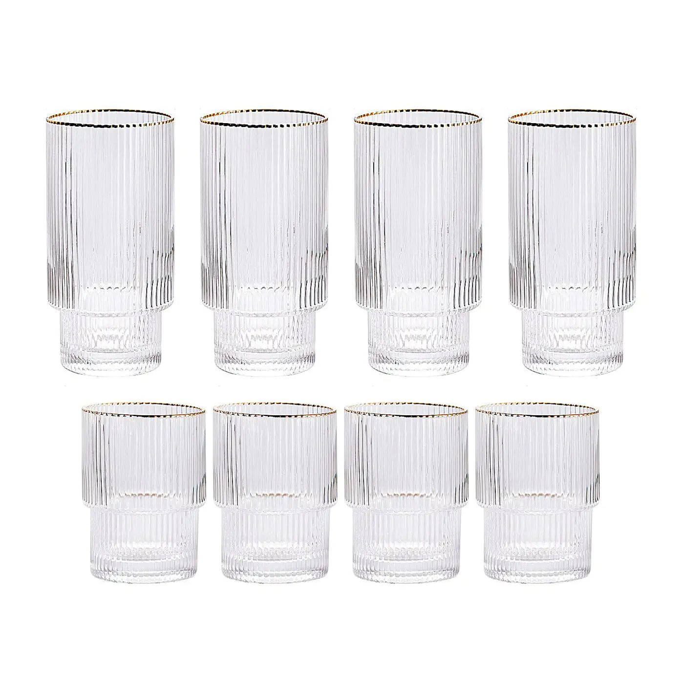 Stackable Gold Rim Ripple Drinking Glass Clear Set (Tall + Short) x 4