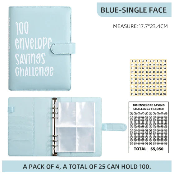 100 Envelope Savings Challenge Binder Blue