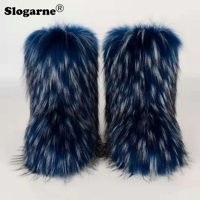 Fluffy Fox Fur Boots Dark Blue 39