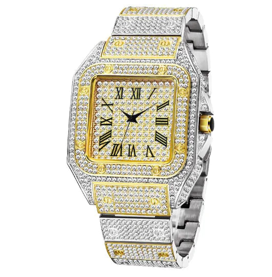 MISSFOX Ice Out Square Watch For Men V324 Gold Silver
