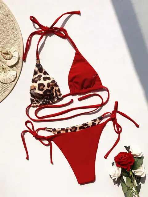 Ellolace Leopard 2 Piece Bikini Set Red L