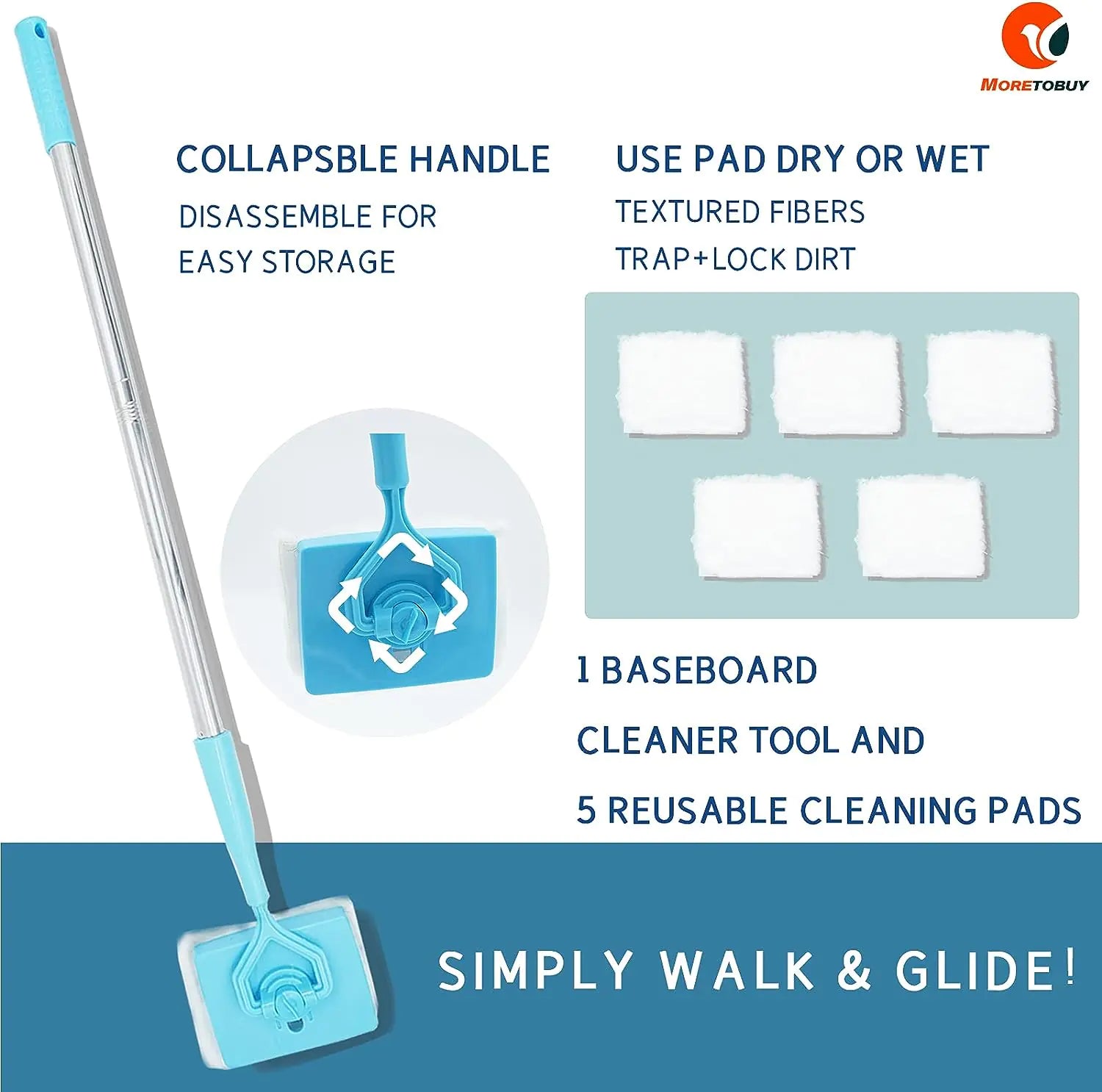 Baseboard Cleaner Tool with Handle 5 Reusable Cleaning Pads