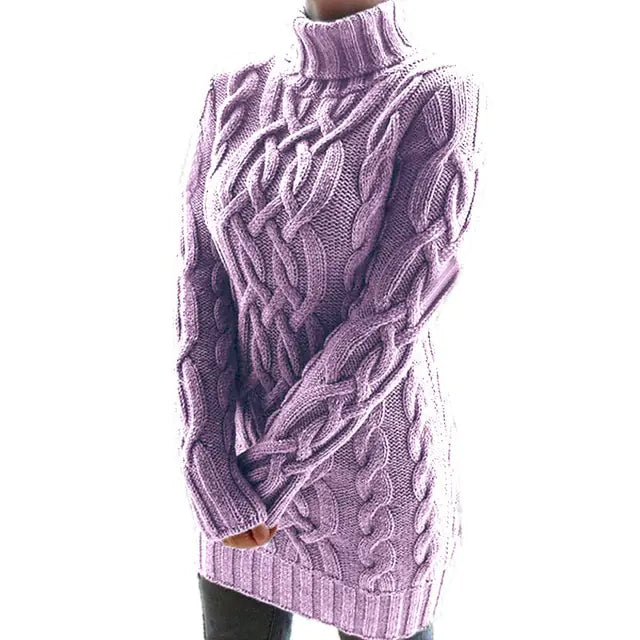 Turtleneck Twist Knitted Sweater Dress Purple L