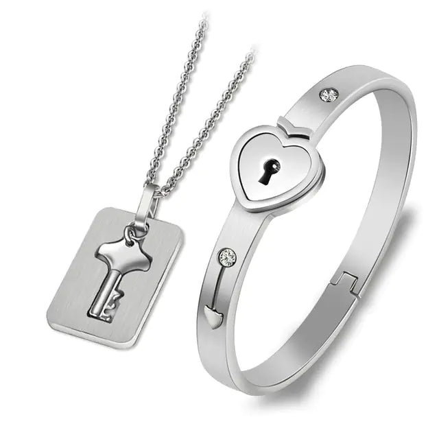 Stainless Steel Love Heart Lock Bangle Bracelet 1
