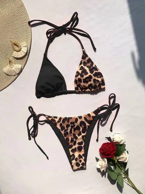 Ellolace Leopard 2 Piece Bikini Set Black L