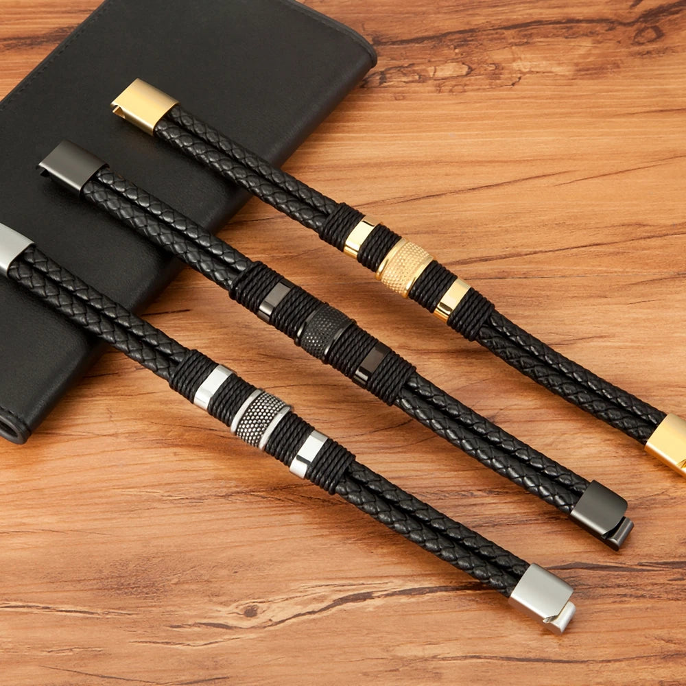 XQNI Men's Double Layer Woven Leather Bracelet